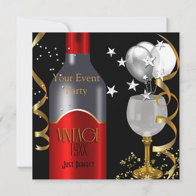 Convite Vinho Tinto Vintage Preto Dourado Prata (Frente)