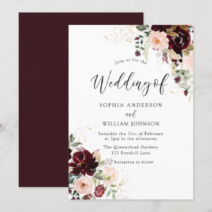 Convite Vinho Vermelho Borgonha Elegante e Casamento Flora