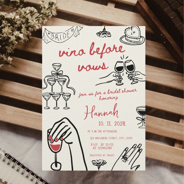 Convite Vino Antes das Vacas Desenha Chá de panela Vermelh (Vino Before Vows Hand Drawn Bold Black & Red On cloud Wine Bridal Shower Brunch Whimsical Invitation)