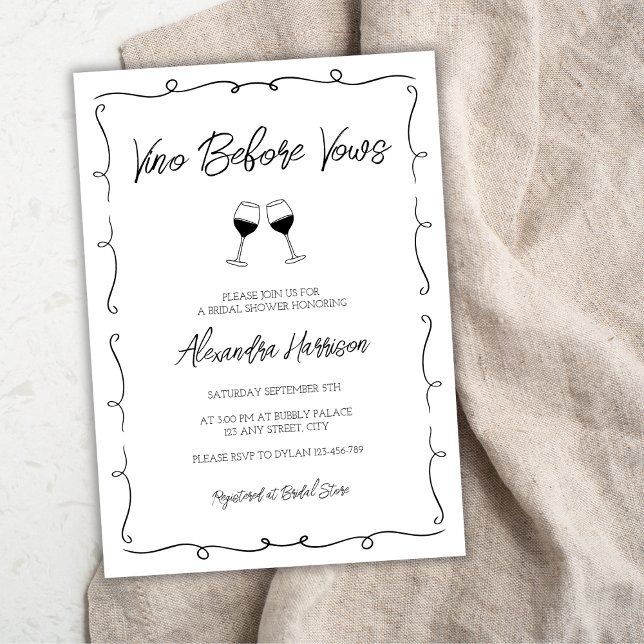 Convite Vino Antes de Vows Desenha Chá de panela Escritura (Vino Before Vows Hand Drawn Scripple Bridal Shower Invitation)