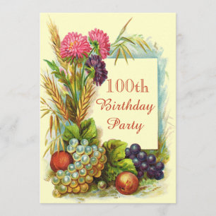 Convite Vintage 100º aniversário Frutas e flores colorid