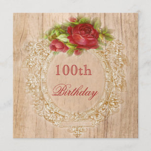 Convite Vintage 100th Birthday Rosa vermelha Wooden Frame