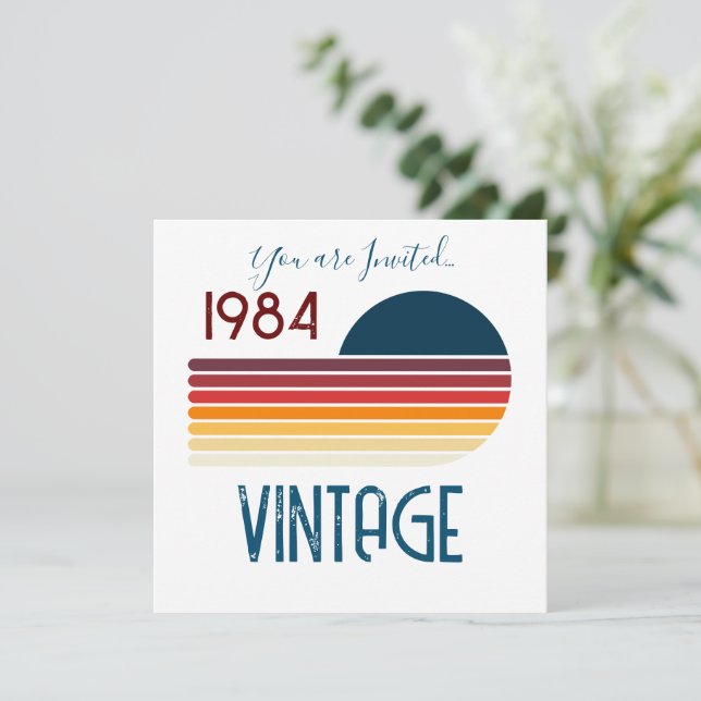 Convite Vintage 1984 Retro Stripe Sun Aniversário (Em pé/Frente)