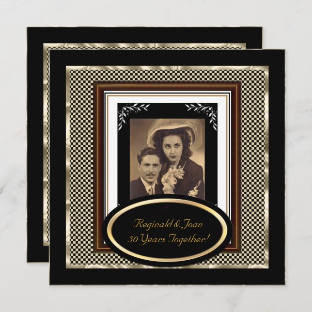 Convite Vintage, 50º aniversário de casamento, Black Sepia (Frente/Verso)