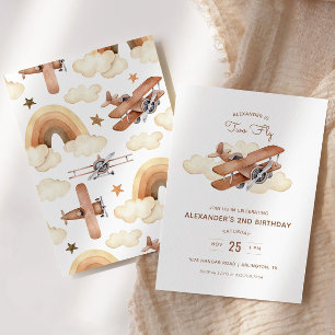 Convite Vintage Aircraft Biplane Two Fly Birthday Invitati