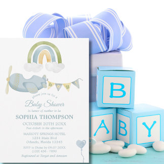 Convite Vintage Airplane Rainbow Clouds Boy Baby Shower