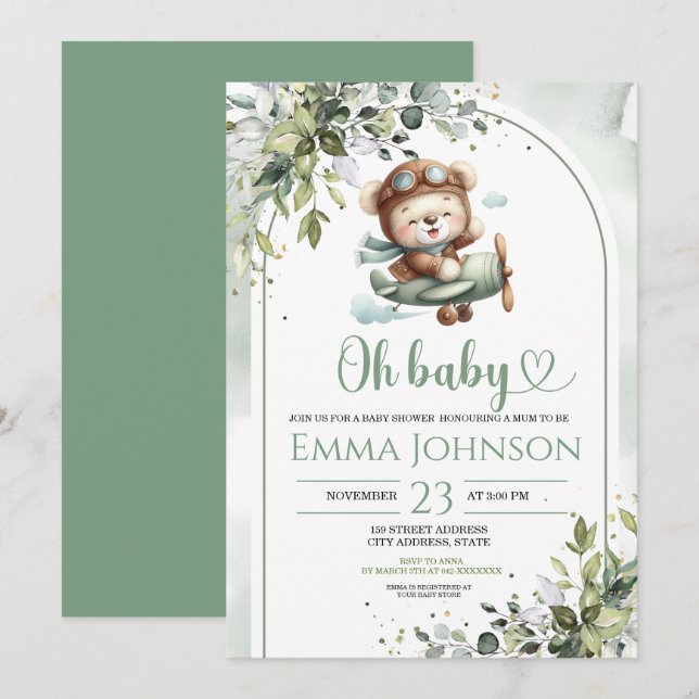 Convite Vintage Airplane Teddy Bear Baby Shower (Frente/Verso)