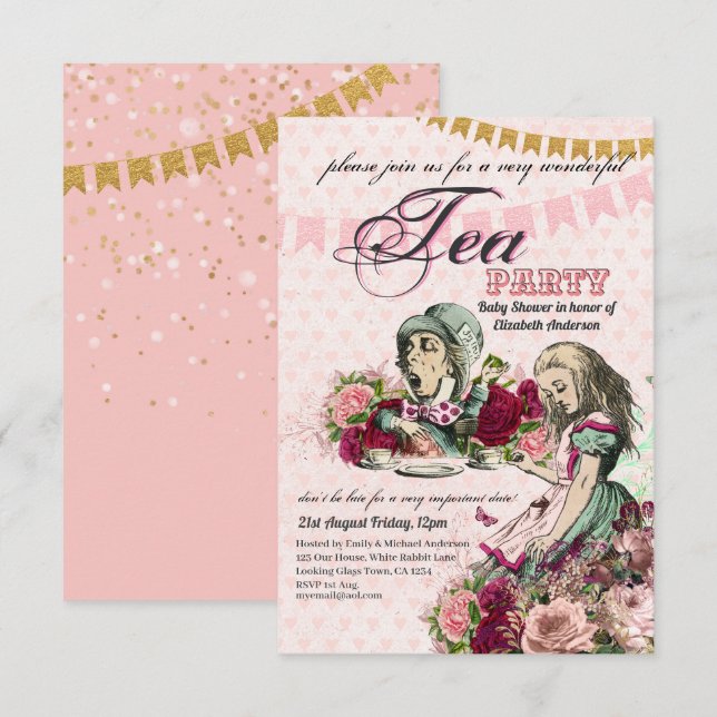 Convite Vintage Alice no Partido do Tea em Wonderland (Frente/Verso)