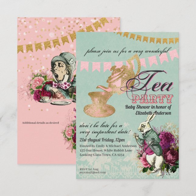 Convite Vintage Alice no Partido do Tea em Wonderland (Frente/Verso)