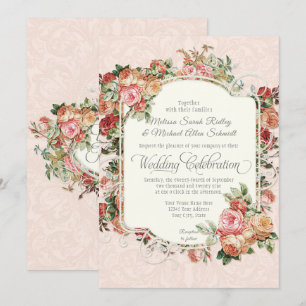 Convite Vintage Antique Rosa Floral Buquê Formal Casamento