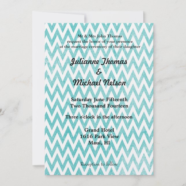 Convite Vintage Aqua Chevron Stripes Wedes (Frente)
