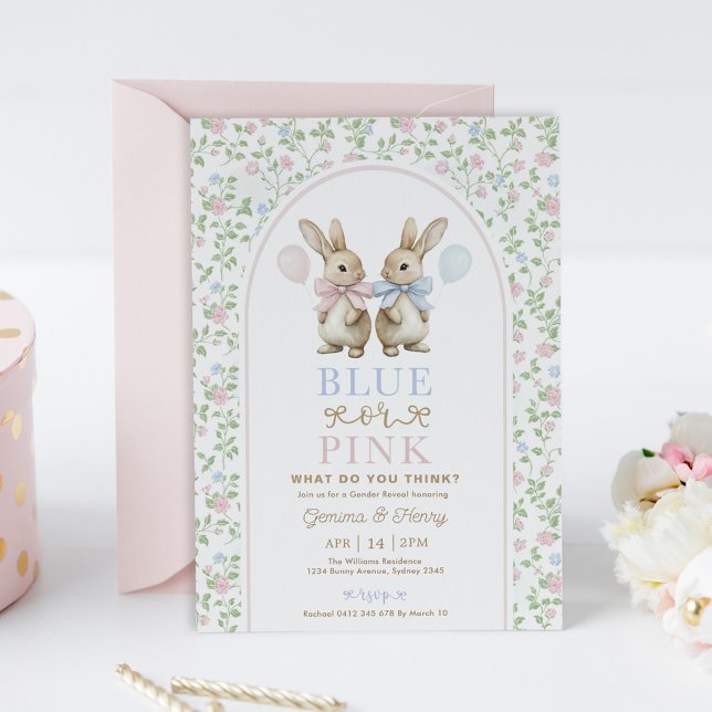 Convite Vintage Arco Coelho Azul ou Rosa Revelação do Gêne (Criador carregado)