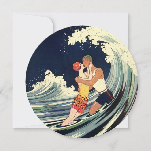 Convite Vintage Art Deco, Amantes Beijam no Casamento de P (Frente)