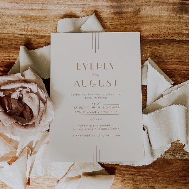 Convite Vintage Art Deco Cream e Casamento Dourado (EVERLY Vintage Art Deco Cream and Gold Wedding Invitation)