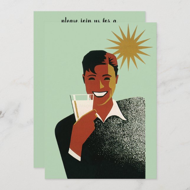 Convite Vintage Art Deco Man, Summer Backyard CHURRASCO (Frente/Verso)