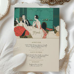 Convite Vintage Art Deco Wedding Menu Card Cena Jantada<br><div class="desc">Defina um tom sofisticado para o seu janto de casamento com este cartão de cardápio baseado em Art Deco. A frente mostra uma cena de janto na moda do 1920, com convidados elegantemente vestidos em uma mesa formal, enquadrados por iluminação suave e uma paleta colorida rica e moedora de chá,...</div>