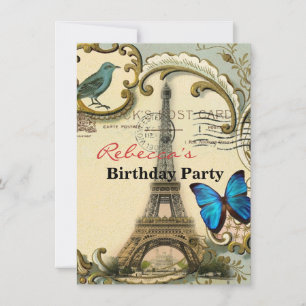 Convite vintage art nouveau Blue swirls paris eiffel torre