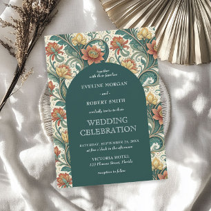 Convite Vintage Art Nouveau - casamento verde-escuro