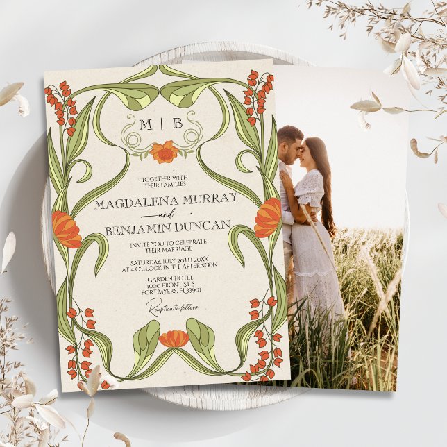 Convite Vintage Art Nouveau Foto Floral Casamento (Criador carregado)