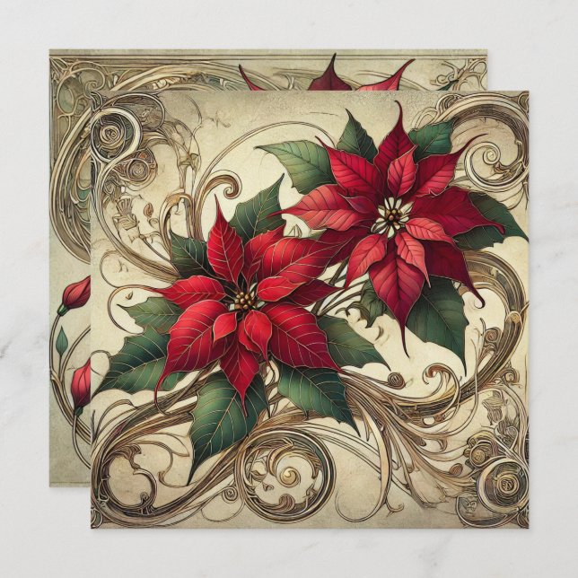 Convite Vintage Art Nouveau Natal Poinsettia (Frente/Verso)