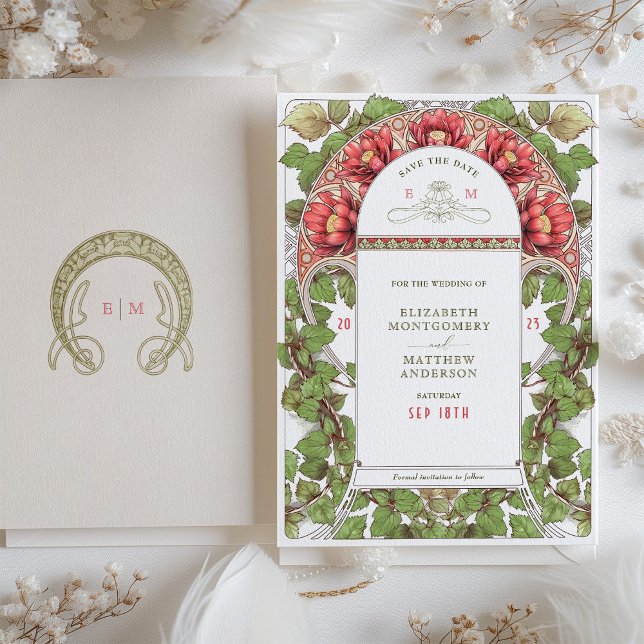 Convite Vintage Art Nouveau Red Lotus Salvar Data (Criador carregado)