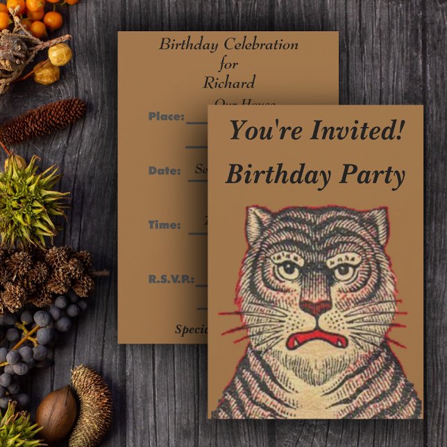 Convite Vintage Asian Tiger Birthday (Head of Asian striped tiger fierce face on brown Birthday party invitations.)