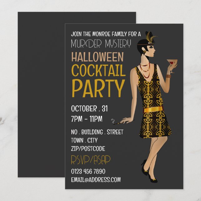 Convite Vintage Assassinato Mistério do Halloween Cocktail (Frente/Verso)