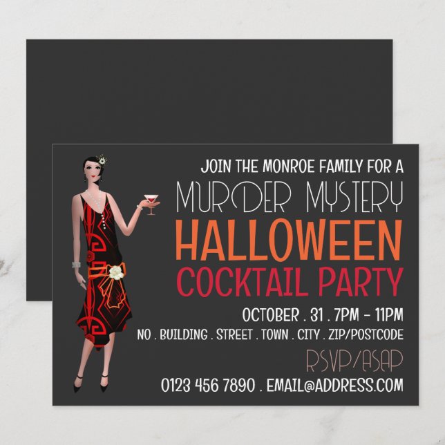 Convite Vintage Assassinato Mistério do Halloween Cocktail (Frente/Verso)