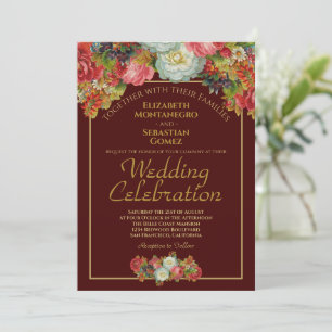 Convite Vintage Autumn Floral Burgandy e Casamento Dourado