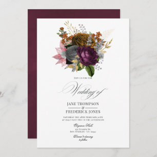 Convite Vintage Autumn Floral Código QR RSVP Casamento