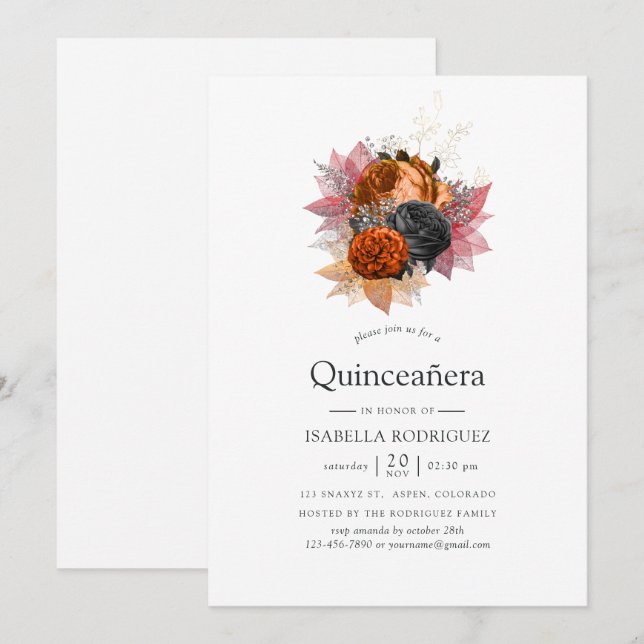 Convite Vintage Autumn Floral Quinceañera (Frente/Verso)