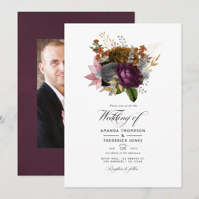 Convite Vintage Autumn Floral Wedding Foto (Frente/Verso)