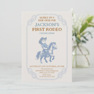 Convite Vintage Azul Cinza Caubói Primeiro Rodeio Aniversá