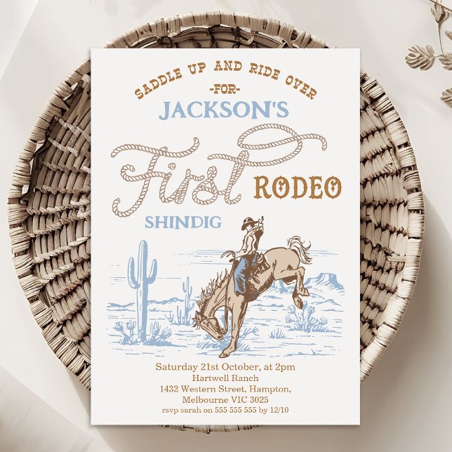 Convite Vintage Azul Cowboy Primeiro Rodeio Aniversário de (Boys FIRST RODEO Birthday Invitation Template, Printable Cowboy 1st Birthday Invite, Western Themed)