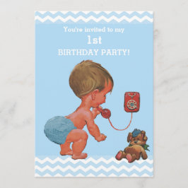 Convite Vintage Baby Boy no primeiro aniversario Phone Che