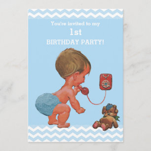 Convite Vintage Baby Boy no primeiro aniversario Phone Che