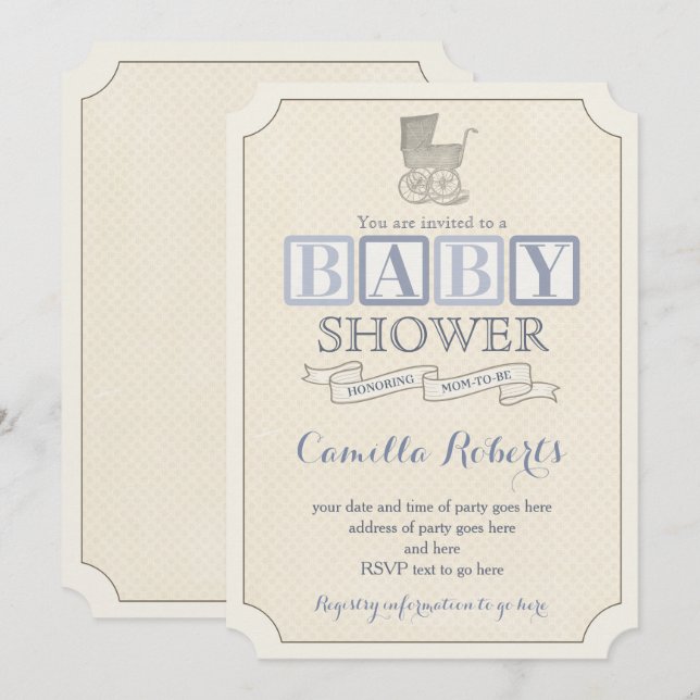 Convite Vintage Baby Carruagem Chá Invits for Boy (Frente/Verso)