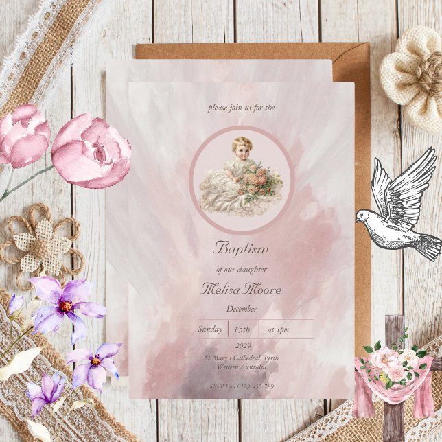 Convite Vintage Baby Girl Baptism (Criador carregado)