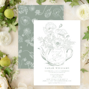 Convite Vintage Baby Tea Party Chá Floral Sage Green