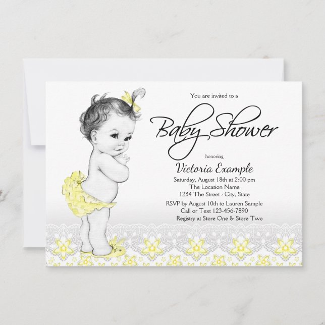 Convite Vintage Baby Yellow Cinza Baby Shower Invants (Frente)