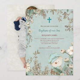 Convite Vintage Baptism Foto Do Urso Cónico Deixa Menino