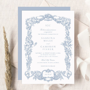 Convite Vintage Barroco Floral Azul Casamento