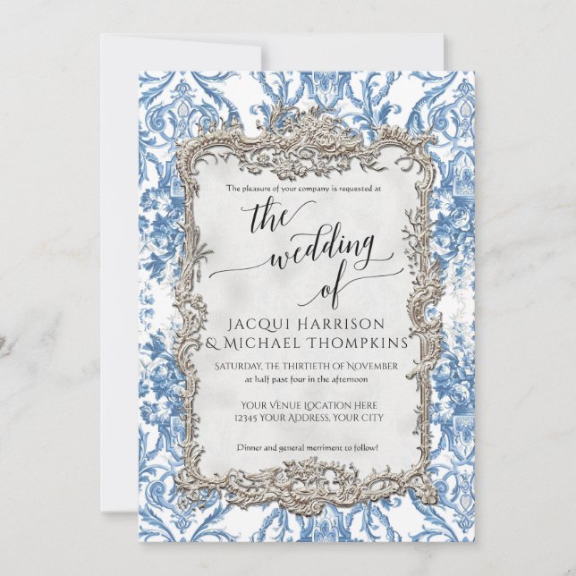 Convite Vintage Barroco Floral Blue Silver Casamento (Frente)