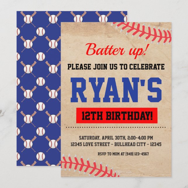 Convite Vintage Baseball Batter Up Boy's Birthday (Frente/Verso)