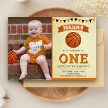 Convite Vintage Basketball 1st First Birthday Party Photo<br><div class="desc">Amaze your guests with this cool birthday party invite featuring a basketball with vibrant typography against a rustic parchment background. Simply add your event details on this easy-to-use template and adorn this card with your child's favorite photo to make it a one-of-a-kind invitation. Flip the card over to reveal an...</div>