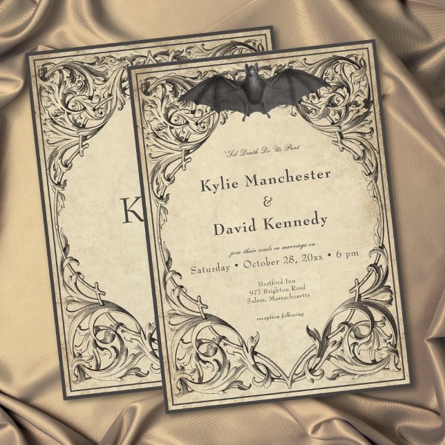 Convite Vintage Bat Until Death Black Parchment Wedding (Vintage Bat Until Death Black Parchment Wedding Invitation)