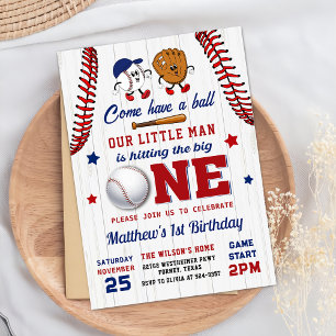 Convite Vintage Batter Up primeiro aniversario Baseball Co