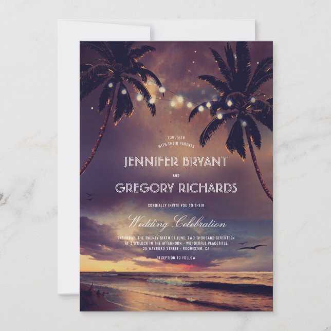 Convite Vintage Beach Sunset | String Lights Palms Wedding (Frente)