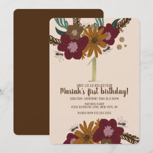 Convite Vintage Bee Sunflower Floral Primeiro Aniversário