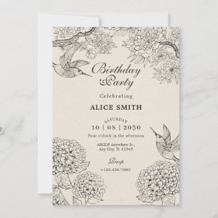 Convite Vintage beige Bird Hydrangea Flowers aniversário